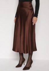 Brązowa Rozkloszowana Midi Spódnica Satynowa Zapinana na Suwak z Gumką w Pasie Williwarne. Brązowe spódnice damskie Born2be, l, bez wzorów, z satyny, z podwyższonym stanem, midi, rozkloszowane. Za 109.99 zł.