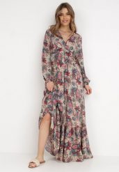Beżowa Sukienka Anastolea. Brązowe sukienki damskie Born2be, l, z aplikacjami, boho, bez kołnierzyka, bez ramiączek, maxi, kopertowe. Za 69.99 zł.