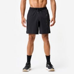 Spodenki fitness Domyos. Czarne krótkie spodenki sportowe męskie DOMYOS, xl, bez wzorów, z elastanu, na fitness i siłownię. Za 89.99 zł.