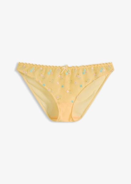 Figi mini z delikatnym haftem. Żółte figi damskie bonprix, bez wzorów. Za 14.99 zł.
