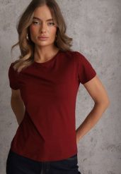 Bordowy T-shirt z Bawełny z Okrągłym Dekoltem Nedima. Czerwone bluzki damskie Renee, m, bez wzorów, z bawełny, klasyczne, bez kołnierzyka, bez ramiączek. Za 39.99 zł.