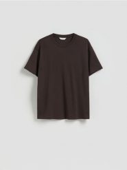 Bawełniany t-shirt boxy - ciemnobrązowy. Brązowe t-shirty męskie Reserved, l, bez wzorów, z bawełny, bez kołnierzyka. Za 79.99 zł.