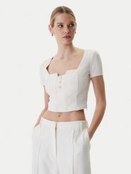 Guess Bluzka W6RP08 KCBO2 Écru Classic Fit. Bluzki damskie Guess, l, z aplikacjami, z syntetyku, bez kołnierzyka, bez ramiączek. Za 269.99 zł.