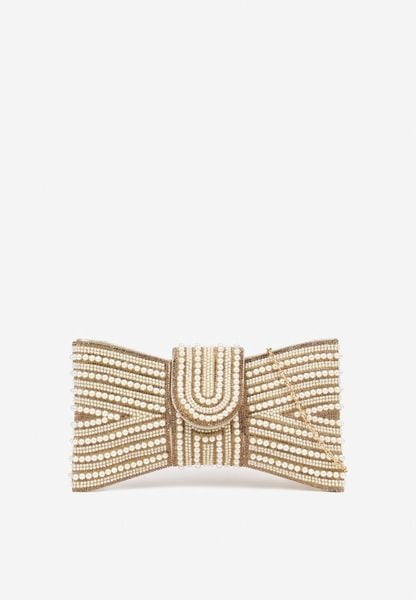 Złota Wieczorowa Torebka Vices w Kształcie Kokardy z Odpinanym Łańcuszkiem Istte. Żółte torebki do ręki damskie Renee, bez wzorów, z satyny, eleganckie, bez dodatków. Za 79.99 zł.