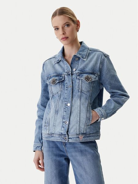 Guess Kurtka jeansowa W6RN73 D6833 Niebieski Regular Fit. Niebieskie kurtki damskie Guess, l, z aplikacjami, z bawełny, bez kaptura. Za 431.99 zł.