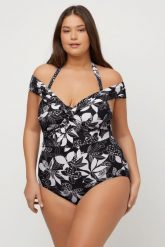 Damski Kostium kąpielowy kwiaty usztywniane miseczki wycięcie. Czarne kostiumy jednoczęściowe damskie Ulla Popken, plus size, bez wzorów, z elastanu, plus size, do pływania. Za 223.99 zł.