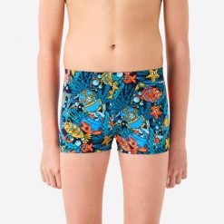 Bokserki pływackie dla dzieci Decathlon 500 Fitib All Marin. Brązowe kąpielówki dla chłopców Decathlon, bez wzorów, z elastanu. Za 49.99 zł.