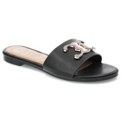 Czarne Klapki Givana Modne Obuwie Damskie. Czarne klapki damskie Givana, bez wzorów, z jeansu, eleganckie, bez obcasa. Za 109.00 zł.