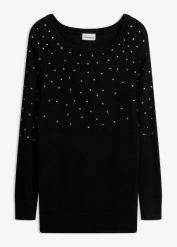 Długi sweter ze strasami. Czarne swetry damskie bonprix, bez wzorów, z materiału, bez kołnierzyka, bez ramiączek, długie, bez kaptura. Za 124.99 zł.