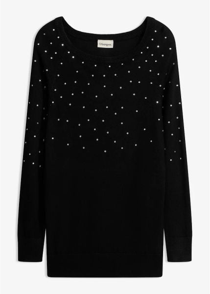 Długi sweter ze strasami. Czarne swetry damskie bonprix, bez wzorów, z materiału, bez kołnierzyka, bez ramiączek, długie, bez kaptura. Za 124.99 zł.