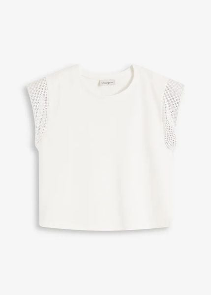 Koszulka z poduszkami na ramionach. Czarne bluzki damskie bonprix, bez wzorów, eleganckie, bez kołnierzyka, bez ramiączek. Za 49.99 zł.