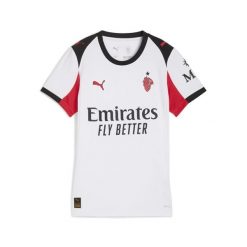 Damska koszulka wyjazdowa AC Milan 25/26 PUMA White For All Time Red. Białe koszulki sportowe damskie Puma, bez wzorów, bez kołnierzyka, bez ramiączek, do piłki nożnej. Za 439.00 zł.