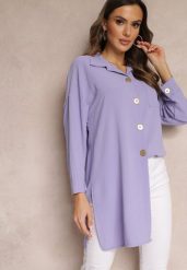 Fioletowa Koszula Oversize o Długim Fasonie z Rozcięciami Tasine. Fioletowe bluzki damskie Renee, bez wzorów, bez kołnierzyka, bez ramiączek. Za 79.99 zł.
