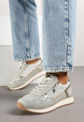 Jasnozielone Sneakersy z Metalicznymi Wstawkami i Ozdobnym Suwakiem Alanatia. Zielone obuwie sportowe damskie Born2be, bez wzorów, z jeansu. Za 129.99 zł.