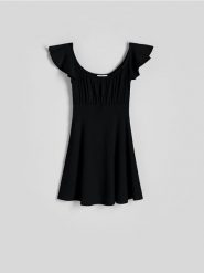 Sukienka mini z falbanami - czarny. Czarne sukienki damskie Reserved, l, bez wzorów, z tkaniny, klasyczne, bez kołnierzyka, bez ramiączek, mini. W wyprzedaży za 39.99 zł.