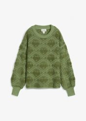 Sweter o kroju pudełkowym. Czarne swetry damskie bonprix, bez wzorów, z żakardem, bez kołnierzyka, bez ramiączek, bez kaptura. Za 119.99 zł.