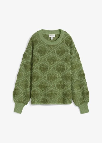 Sweter o kroju pudełkowym. Czarne swetry damskie bonprix, bez wzorów, z żakardem, bez kołnierzyka, bez ramiączek, bez kaptura. Za 119.99 zł.