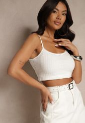 Biały Top na Ramiączkach z Prążkowanej Tkaniny z Wiskozą Zdobiony Kokardką Iffenia. Białe bluzki damskie Renee, z aplikacjami, prążkowane, klasyczne, bez kołnierzyka, bez ramiączek. Za 39.99 zł.