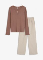 Piżama: bluza z prążkowanej dzianiny i spodnie z tkaniny. Brązowe piżamy damskie bonprix, bez wzorów, z dzianiny, bez ramiączek. Za 129.99 zł.