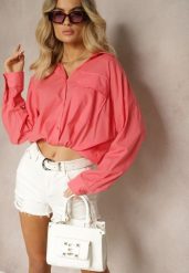 Ciemnoróżowa Koszula z Bawełny z Dłuższym Tyłem i Gumką z Możliwością Ściągnięcia Sasina. Czerwone bluzki damskie Renee, l, bez wzorów, z bawełny, biznesowe, bez kołnierzyka, bez ramiączek. Za 89.99 zł.
