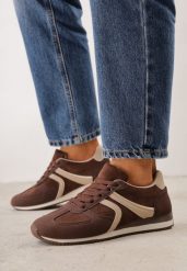 Brązowe Sneakersy Sportowe z Imitacji Zamszu z Geometrycznymi Wstawkami Shanoom. Brązowe obuwie sportowe damskie Born2be, bez wzorów, z dzianiny. Za 119.99 zł.