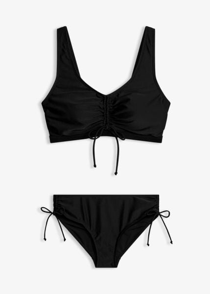 Bikini bustier (2 części) z troczkami. Czarne bikini damskie bonprix, bez wzorów. Za 112.99 zł.