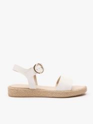 Białe sandały na sprzączkę. Białe sandały damskie Ryłko, bez wzorów, z syntetyku, bez obcasa, na obcasie, bez zapięcia. Za 279.99 zł.