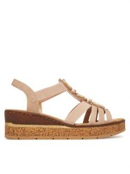 Rieker Sandały 63778-31 Beżowy. Brązowe sandały damskie Rieker, bez wzorów, z materiału, bez obcasa, na koturnie, bez zapięcia. Za 199.99 zł.
