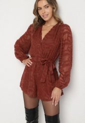 Brązowy Krótki Kombinezon z Siateczkowymi Rękawami i Wiązanym Paskiem Zenalea. Brązowe sukienki damskie Born2be, na imprezę, l, bez wzorów, eleganckie, bez kołnierzyka, bez ramiączek, mini. Za 149.99 zł.