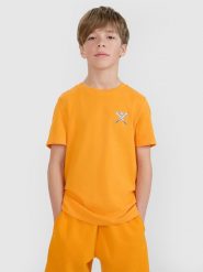 4F T-shirt regular z nadrukiem chłopięcy - pomarańczowy 122 (6-7 lat). Brązowe t-shirty dla chłopców 4f, bez wzorów, z bawełny, bez ramiączek. W wyprzedaży za 19.99 zł.
