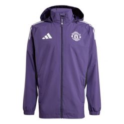 Kurtka dresowa zewnętrzna Manchester United 2025/26. Białe kurtki męskie Adidas, m, bez wzorów, z dresówki, do piłki nożnej. W wyprzedaży za 348.00 zł.