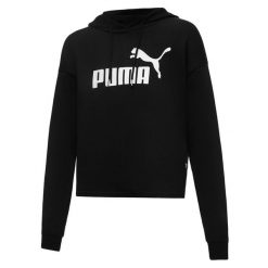 Damska krótka bluza Essentials z kapturem i logo PUMA Black. Czarne bluzy damskie Puma, na zimę, m, bez wzorów, prążkowane, eleganckie, bez kołnierzyka, bez ramiączek, krótkie, z kapturem. Za 169.99 zł.