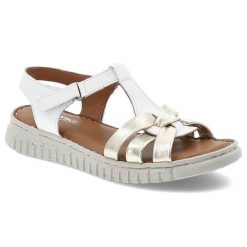 Sandały damskie Artiker, na lekkiej platformie skórzane zapinane na rzepy, biało-złote, 56C0854. Białe sandały damskie Artiker, bez wzorów, ze skóry, bez obcasa, bez zapięcia. Za 199.00 zł.