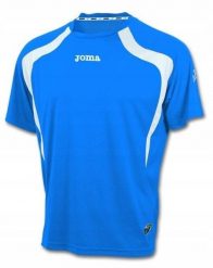 Koszulka piłkarska męska Joma Champion. Niebieskie koszulki sportowe męskie Joma, m, bez wzorów, z materiału, bez kołnierzyka, bez ramiączek, na fitness i siłownię. Za 35.99 zł.