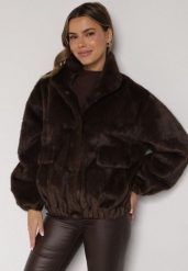 Brązowa Kurtka Futerko o Kroju Bomberki z Kieszeniami Tiwedara. Brązowe kurtki damskie Born2be, l, bez wzorów, z dzianiny, bez kaptura. Za 229.99 zł.