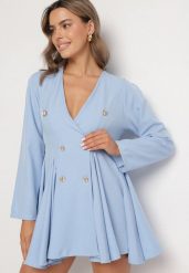 Niebieska Sukienka w Styku Marynarki Rozkloszowana z Guzikami Meliova. Niebieskie sukienki damskie Born2be, m, bez wzorów, biznesowe. Za 119.99 zł.