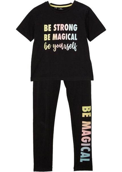 T-shirt dziewczęcy + legginsy (2 części). Czarne legginsy dla dziewczynek bonprix, bez wzorów. Za 37.99 zł.