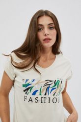 Bawełniany t-shirt z napisem piaskowy. Bluzki damskie MOODO, s, bez wzorów, z bawełny, bez kołnierzyka. W wyprzedaży za 29.99 zł.