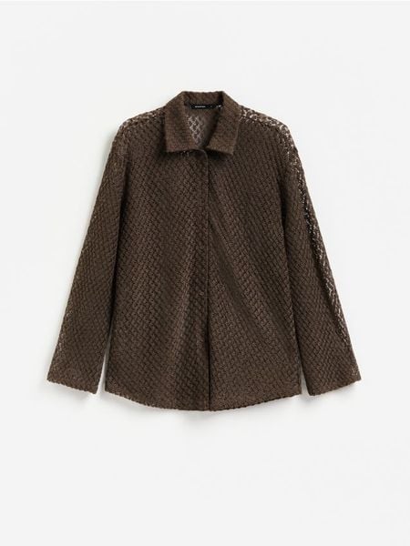 Ażurowa koszula - ciemnobrązowy. Brązowe koszule damskie Reserved, l, w ażurowe wzory, z bawełny, bez kołnierzyka, bez ramiączek. Za 119.99 zł.