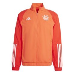 Bluza dresowa Prematch FC Barcelone 2023/24. Czerwone kurtki sportowe męskie Adidas, bez wzorów, z dresówki, do piłki nożnej. W wyprzedaży za 299.50 zł.