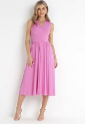 Różowa Sukienka Midi Bez Rękawów z Plisowanym Dołem Dreana. Czerwone sukienki damskie Born2be, na imprezę, l, bez wzorów, eleganckie, bez kołnierzyka, bez ramiączek, midi, plisowane. Za 169.99 zł.