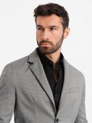 Marynarka męska casual w delikatną kratkę - szara V2 - Rozmiar: M. Szare marynarki męskie Ombre Clothing, bez wzorów, z poliesteru, casualowe. W wyprzedaży za 149.99 zł.