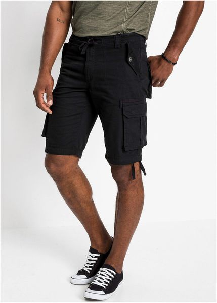 Bermudy bojówki, regular fit, z czystej bawełny. Czarne spodnie materiałowe męskie bonprix, m, bez wzorów, z bawełny. Za 139.99 zł.