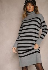 Szaro-Czarna Sukienka Golf Sweterkowa z Modalem i Wiskozą w Paski Gesalttia. Szare sukienki damskie Renee, na co dzień, l, bez wzorów, z materiału, eleganckie, bez kołnierzyka, bez ramiączek, midi, dopasowane. Za 99.99 zł.