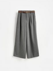 Spodnie wide leg z paskiem - ciemnoszary. Szare spodnie materiałowe damskie Reserved, l, bez wzorów, z tkaniny. Za 129.99 zł.