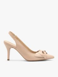 Czółenka typu slingback z kokardką. Brązowe czółenka damskie Brawo sp. z o.o., bez wzorów, z gumy, bez obcasa, na szpilce, bez zapięcia. W wyprzedaży za 341.99 zł.