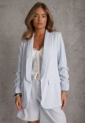 Niebieska Elegancka Marynarka bez Zapięcia z Marszczonymi Rękawami Albuca. Niebieskie żakiety damskie Renee, l, bez wzorów, biznesowe. Za 179.99 zł.
