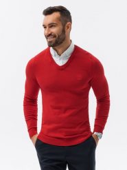 Sweter męski z białym kołnierzykiem - czerwony V4. Czerwone swetry przez głowę męskie Ombre Clothing, l, bez wzorów, z bawełny, bez kołnierzyka. W wyprzedaży za 69.99 zł.