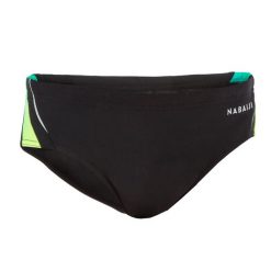 Slipki pływackie dla dzieci Nabaiji 900 Yoke Grad. Czarne kąpielówki dla chłopców NABAIJI, bez wzorów, z materiału. W wyprzedaży za 29.99 zł.