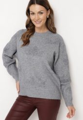 Szary Sweter z Wiskozą i Tłoczonym Wzorem Belabrina. Szare swetry damskie Born2be, bez wzorów, z jeansu, eleganckie, bez kołnierzyka, bez ramiączek, długie, bez kaptura. Za 74.99 zł.